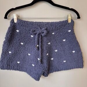 POL Sleep Shorts Women Small Blue Fleece Heart Embroidery Cozy Lounge Drawstring